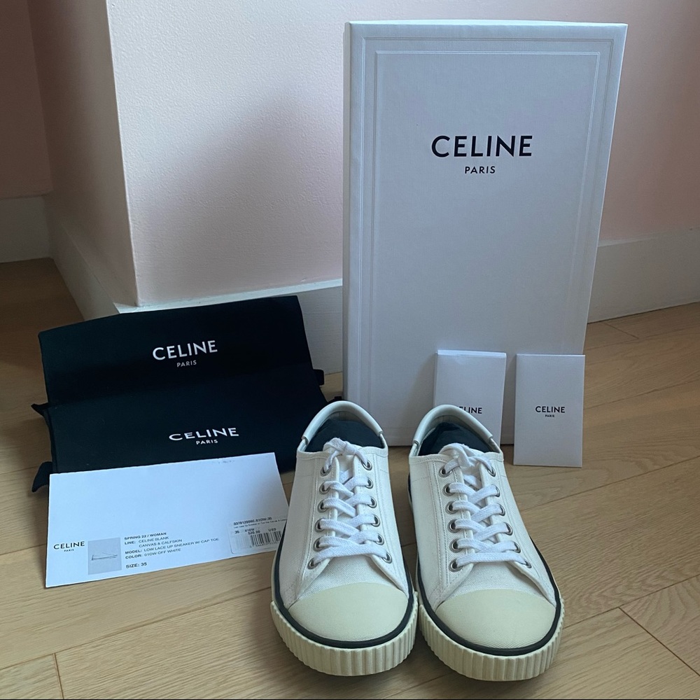 CELINE Blank Low Lace Up Canvas Sneakers Off White size 35 - Picture 1 of 16